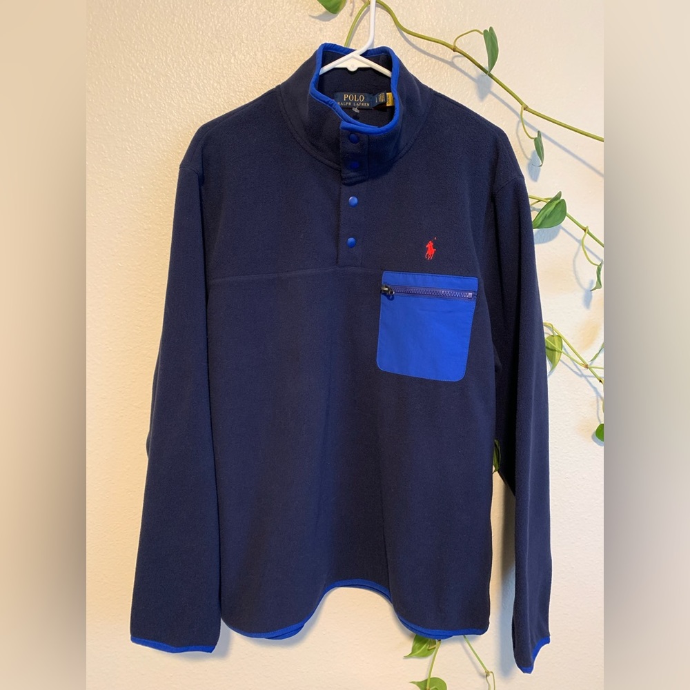 Polo Ralph Lauren Navy colorblock Fleece Pullover Sweater quarter snap men large
